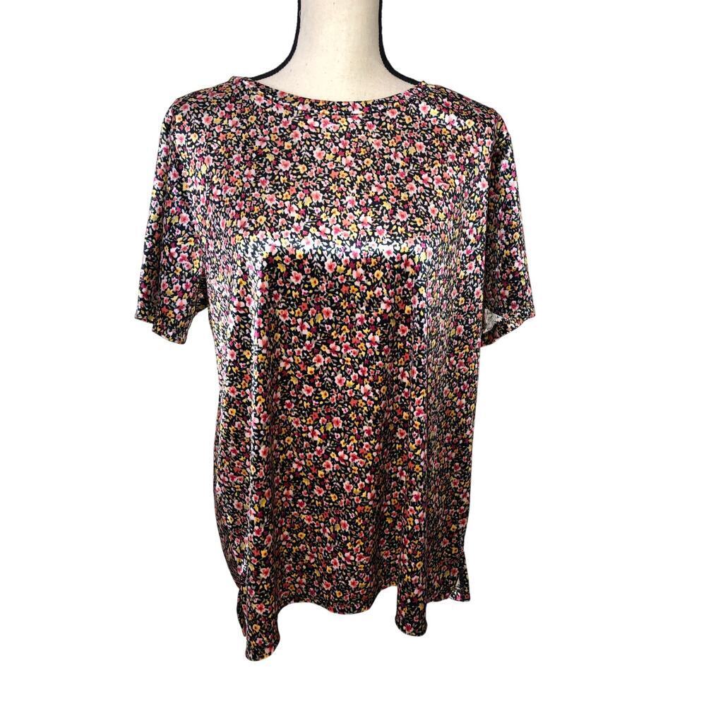 Velvet Top Size L Ditzy Floral Black Multi Short Sleeve Whimsigoth Fairy Glam